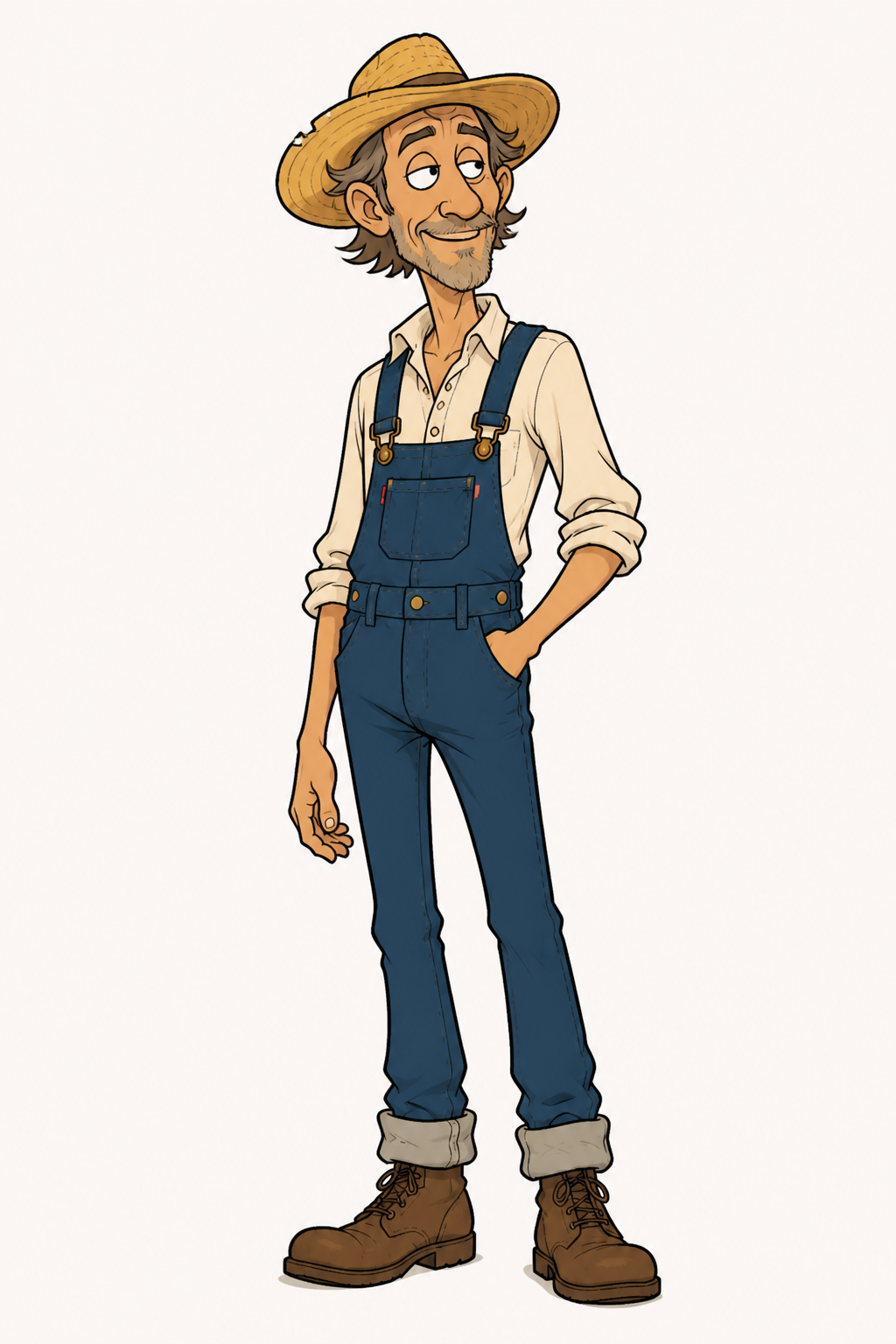 Billy Bob, a lanky cartoon farmer in denim overalls and a straw hat